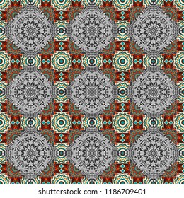 Tracery seamless pattern in Mehndi style. Vector illustration. Curved doodling background. Ethnic colorful doodle texture in brown, blue and gray colors.