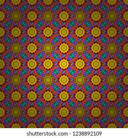 Tracery seamless pattern in Mehndi style. Vector illustration. Ethnic colorful doodle texture in red, blue and yellow colors. Curved doodling background.