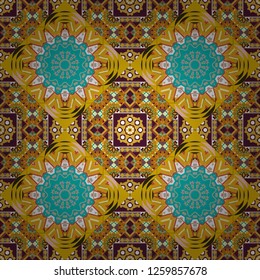 Tracery seamless pattern in Mehndi style. Vector illustration. Curved doodling background. Ethnic colorful doodle texture in orange, brown and yellow colors.