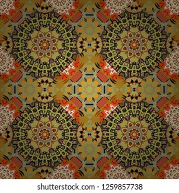 Tracery seamless pattern in Mehndi style. Ethnic colorful doodle texture in beige, red and gray colors. Curved doodling background. Vector illustration.