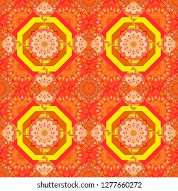 Tracery seamless pattern in Mehndi style. Curved doodling background. Vector illustration. Ethnic colorful doodle texture in red, orange and yellow colors.