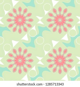 Tracery seamless pattern in Mehndi style. Ethnic colorful doodle texture in red, beige and pink colors. Curved doodling background. Vector illustration.