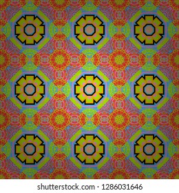 Tracery seamless pattern in Mehndi style. Curved doodling background. Ethnic colorful doodle texture in blue, green and pink colors. Vector illustration.