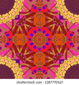 Tracery seamless pattern in Mehndi style. Curved doodling background. Ethnic colorful doodle texture in red, yellow and brown colors. Vector illustration.