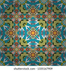Tracery seamless pattern in Mehndi style. Ethnic colorful doodle texture in yellow, white and blue colors. Curved doodling background. Vector illustration.