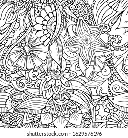 Tracery seamless pattern. Mehndi zentangle texture design. Ethnic monochrome doodle ornament. Curved floral doodling black and white background. Vector