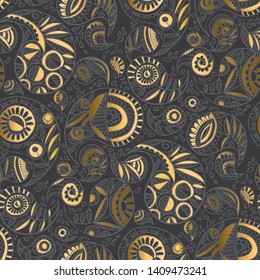 Tracery seamless pattern. Modern elegant gray and gold paisley seamless pattern for textile, fabric, wrapping paper, web and print design. Hand drawn luxury oriental motif for decor. vector 