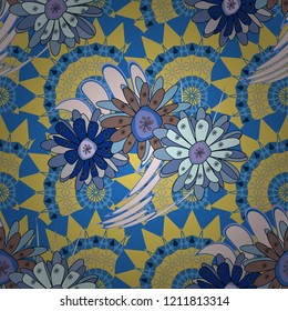 Tracery seamless pattern. Raster illustration. Ethnic binary doodle texture. Mehndi design. Curved doodling in yellow, gray and blue colors.
