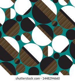 Tracery seamless pattern. Striped circle and disc vintage 50s seamless pattern with wood texture, emerald green, black and white stripes. Repeatable motif for fabric, textile, wrap, surface, web