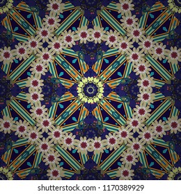 Tracery seamless pattern. Vector illustration. Ethnic colorful doodle texture. Mehndi design in beige, violet and blue colors. Curved doodling background.