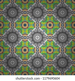 Tracery seamless pattern. Vector illustration. Mehndi design in gray, blue and green colors. Curved doodling background. Ethnic colorful doodle texture.