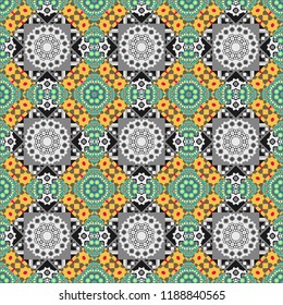 Tracery seamless pattern. Vector illustration. Mehndi design. Curved doodling in yellow, brown and gray colors. Ethnic binary doodle texture.