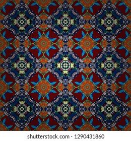 Tracery seamless pattern. Vector illustration. Ethnic colorful doodle texture. Mehndi design in blue, brown and red colors. Curved doodling background.