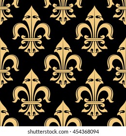 Tracery of tan cream fleur-de-lis ornamental elements seamless pattern isolated on black. For royal heraldic themes or textile, interior or design.