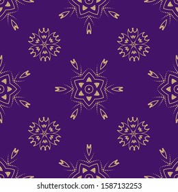 Tracery vintage vector seamless pattern. Golden snowflakes background.
