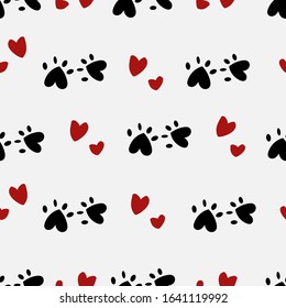 Traces animal and hearts pattern, favorite pet. Seamless texture repeat, Vector doodle illustration on color backgrounds.