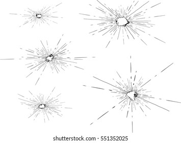 Traces of bullets shattered the glass. Vector illustration on white background