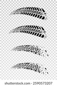 Traces of car, motorcycle tread. Curved realistic traces of tires of wheels from different types of tread vector png. Car wheels on disks.