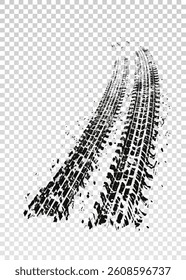 Traces of car, motorcycle tread. Curved realistic traces of tires of wheels from different types of tread vector png. Car wheels on disks.
