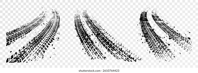 Traces of car, motorcycle tread. Curved realistic traces of tires of wheels from different types of tread vector png. Car wheels on disks.