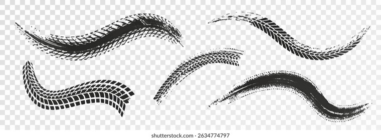 Traces of car, motorcycle tread. Curved realistic traces of tires of wheels from different types of tread vector png. Car wheels on disks.