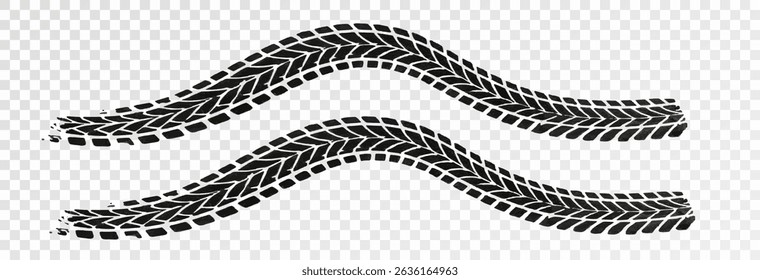 Traces of car, motorcycle tread. Curved realistic traces of tires of wheels from different types of tread vector png. Car wheels on disks.