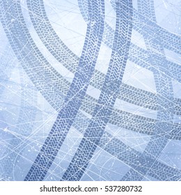 Traces of car tires on ice. Texture of ice surface. Track with separate grunge texture, tire marks, tire tread, tread marks. Sport. Ice racing on machines. Controlled drift. Vector background.