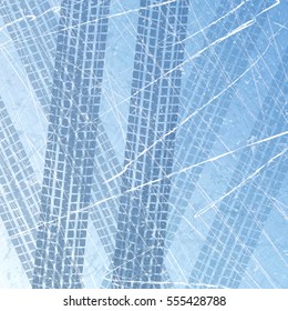 Traces of car tires on ice. Texture of ice surface. Track with separate grunge texture, tire marks, tire tread, tread marks. Sport. Ice racing on machines. Controlled drift. Vector background.
