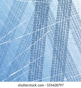 Traces of car tires on ice. Texture of ice surface. Track with separate grunge texture, tire marks, tire tread, tread marks. Sport. Ice racing on machines. Controlled drift. Vector background.