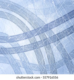 Traces of car tires on ice. Texture of ice surface. Track with separate grunge texture, tire marks, tire tread, tread marks. Sport. Ice racing on machines. Controlled drift. Vector background.