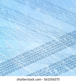 Traces of car tires on ice. Texture of ice surface. Track with separate grunge texture, tire marks, tire tread, tread marks. Sport. Ice racing on machines. Controlled drift. Vector background.