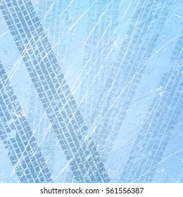 Traces of car tires on ice. Texture of ice surface. Track with separate grunge texture, tire marks, tire tread, tread marks. Sport. Ice racing on machines. Controlled drift. Vector background.