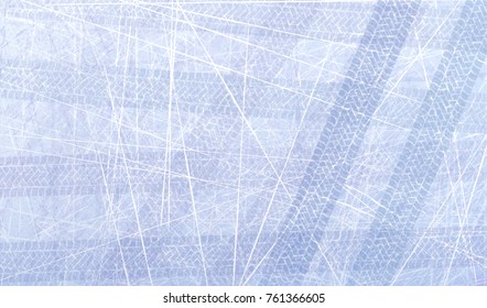 Traces of car tires on ice. Texture of ice surface. Track with separate grunge texture, tire marks, tire tread, tread marks.  Sport. Ice racing on machines. Controlled drift. Vector background