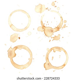 Traces of a coffee cup. Splashes and traces of coffee cup. Circles and rings on white background. Vector set