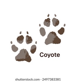 Traces of coyote paw icon. Tracks of wolf on ground. Print of animal, predator claws with inscription. Jackal footprint, trails, silhouettes. Flat isolated vector illustration on white background