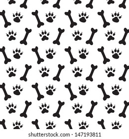 Traces of Dog and Bones. Black and White Vector Pattern.