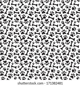 Traces of Dog and Bones Seamless -  Black and White Textile Vector Pattern.