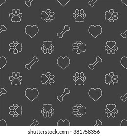 Traces of dog texture - vector seamless pattern made with thin line heart, bone and paw symbols on dark background
