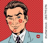 Traces of a kiss on the man face pop art retro