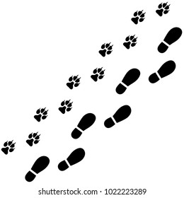 Traces of man and dog on white background. Vector illustration