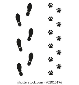 Traces of man and dog on white background