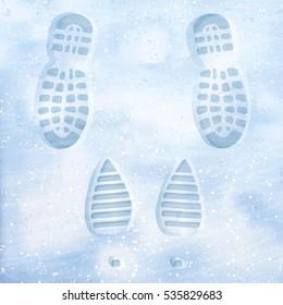 Traces Of Men's Shoes And Women's Boots In The Snow. Clear Deep Footprints On White Winter Snow. Track In Snow. Overhead View.  Face-to-face. Texture Of Snow Surface. Vector Illustration Background. 