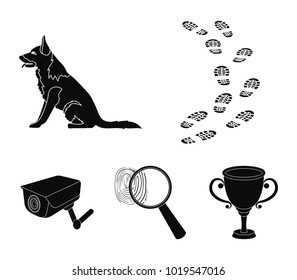 Traces on the ground, service shepherd, security camera, fingerprint. Prison set collection icons in black style vector symbol stock illustration web.