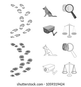 Traces on the ground, service shepherd, security camera, fingerprint. Prison set collection icons in outline,monochrome style vector symbol stock illustration web.