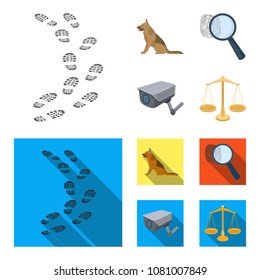 Traces on the ground, service shepherd, security camera, fingerprint. Prison set collection icons in cartoon,flat style vector symbol stock illustration web.