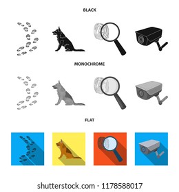 Traces on the ground, service shepherd, security camera, fingerprint. Prison set collection icons in black, flat, monochrome style vector symbol stock illustration web.