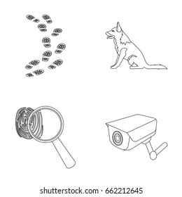 Traces on the ground, service shepherd, security camera, fingerprint. Prison set collection icons in outline style vector symbol stock illustration web.