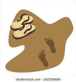Traces on the sand and beach slippers. Vector illustration of background image