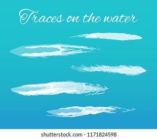 Traces on water poster with splashes and text vector. Abstract lines left on surface because of transport of vessel. Brush design effects and elements
