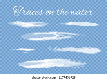 Traces on water splashes set transparent background vector. Lines left by boats, ships or other sea and ocean vessels. Brushes and abstract drawing